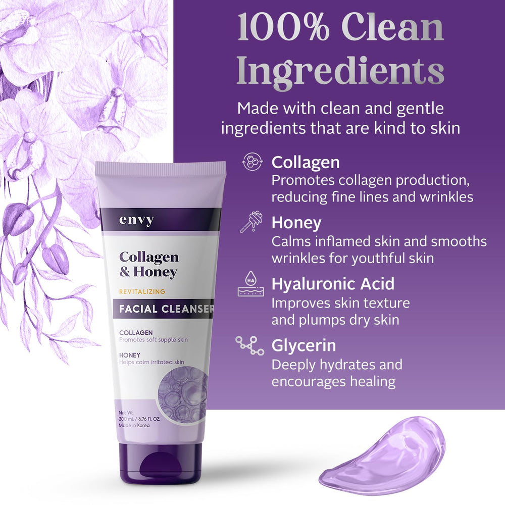 Collagen and honey ingredients highlight in Envy cleanser