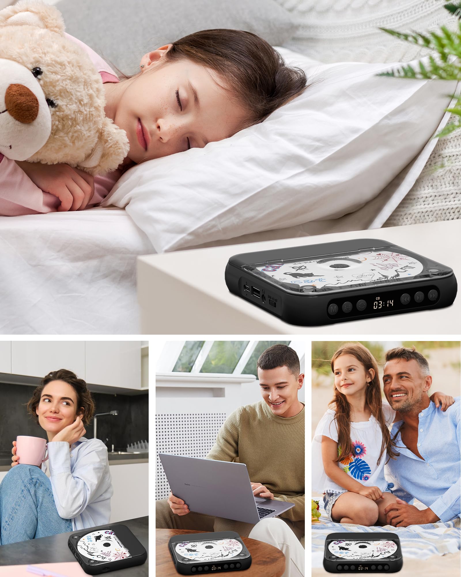 ENVYCLOUD CD player USB-C charging option for flexible power and data playback.