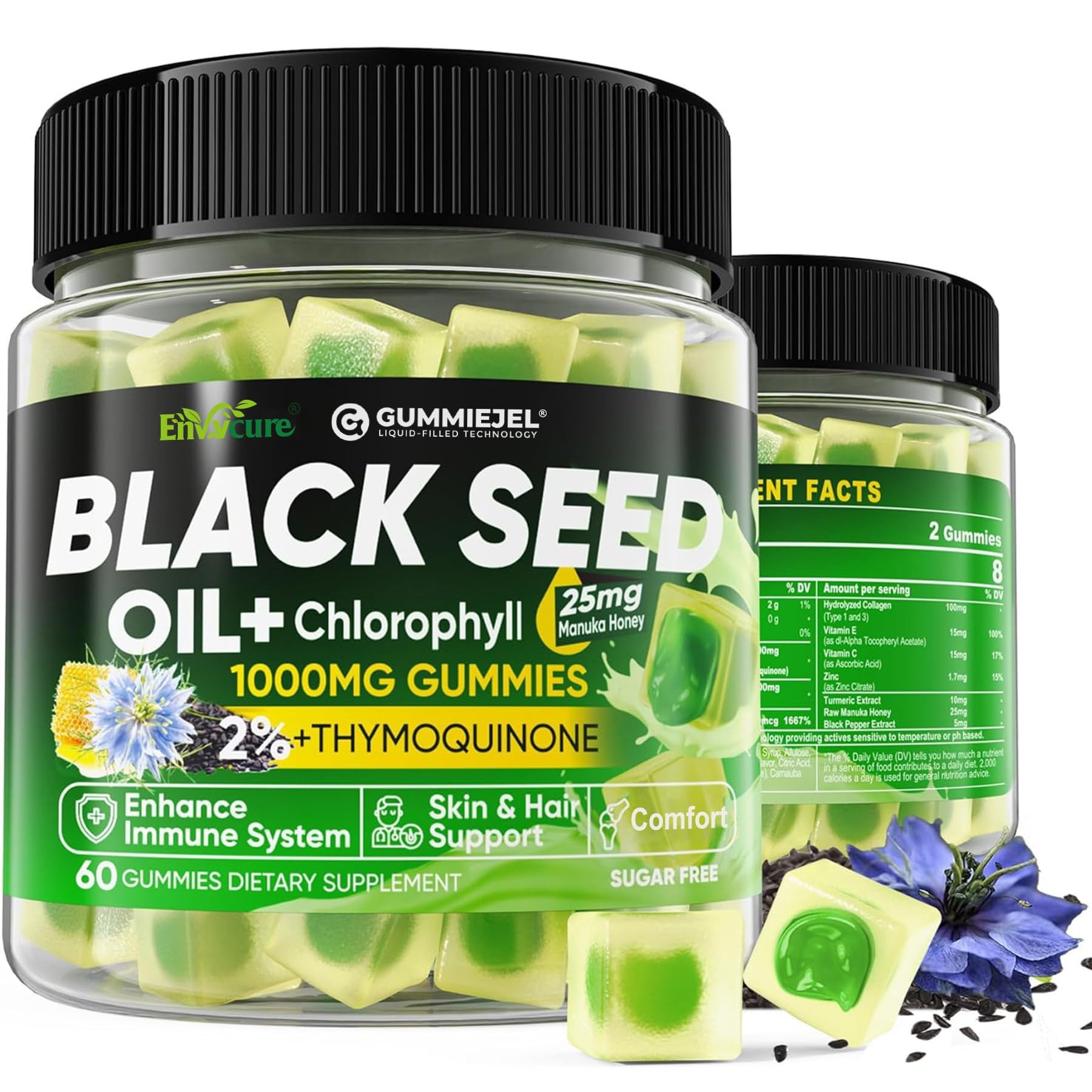 EnvyCure black seed oil gummies with chlorophyll bottle highlighting antioxidant support