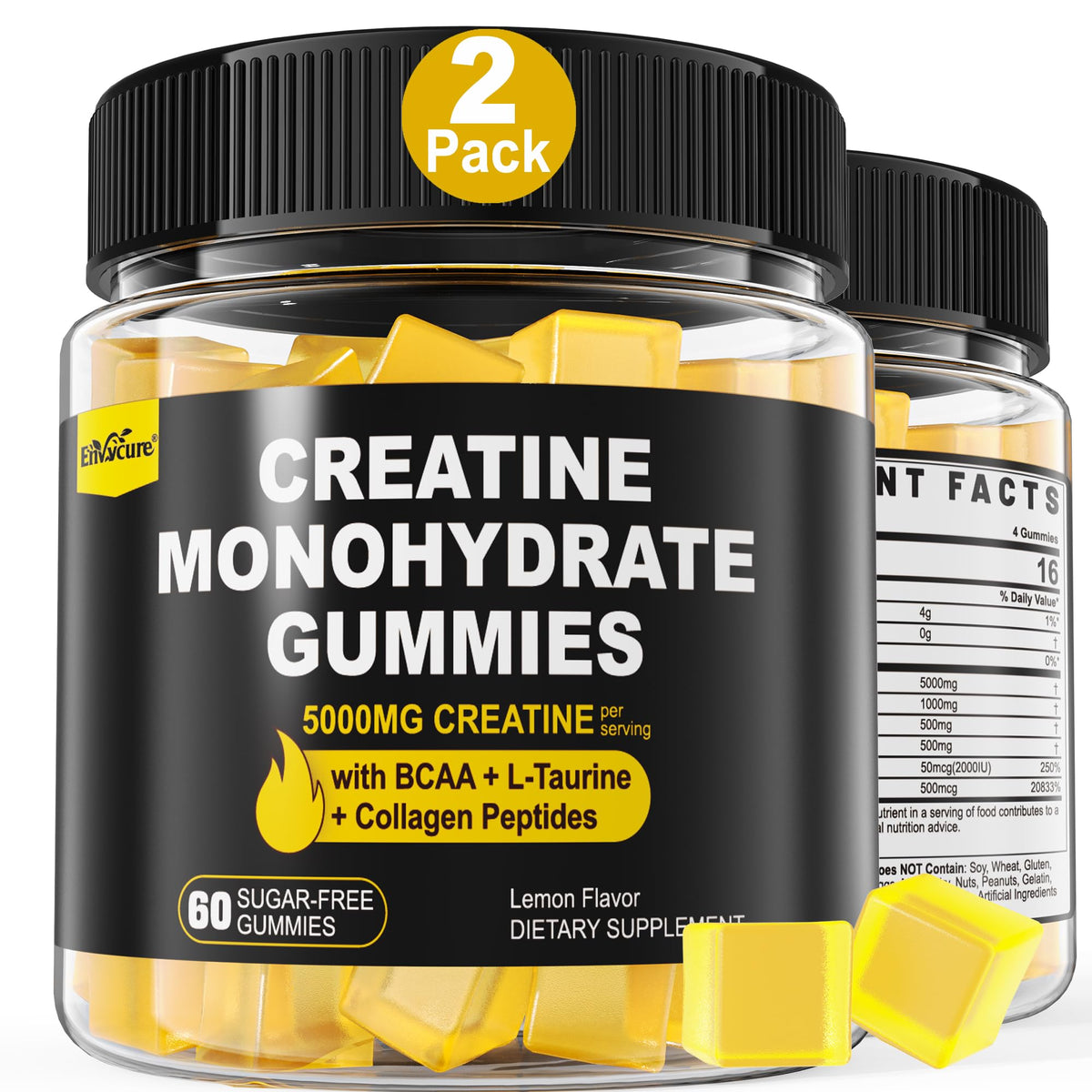 EnvyCure Creatine Monohydrate Gummies lemon bottle for convenient daily energy support