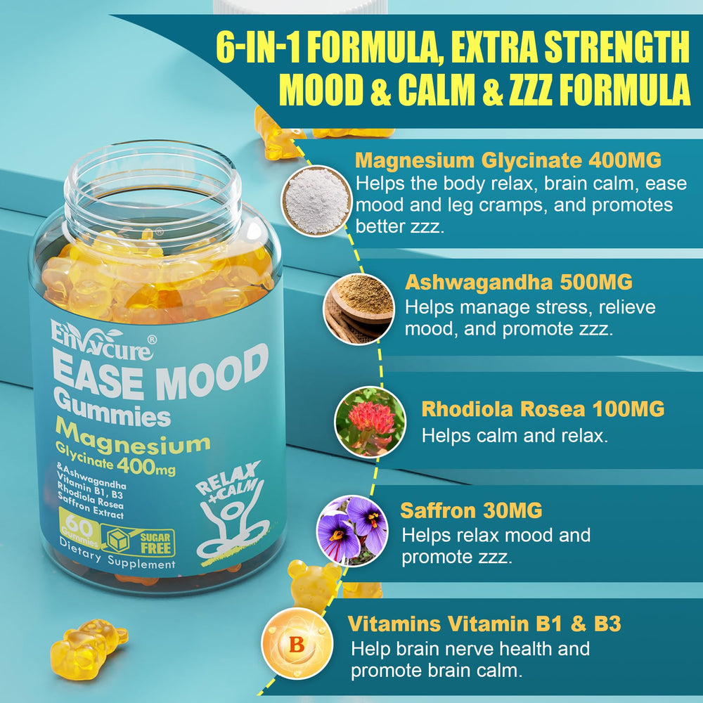 EnvyCure rhodiola saffron gummies closeup emphasizes wellness blend.