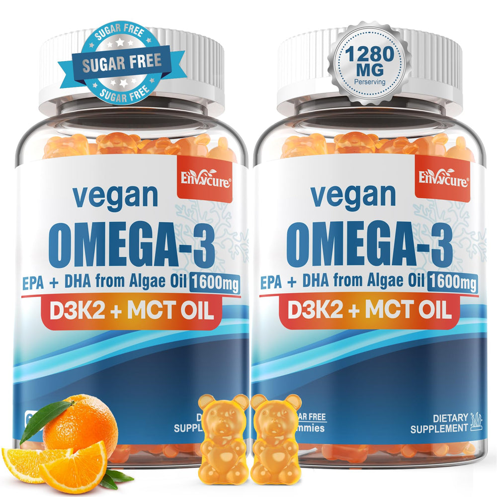 EnvyCure vegan omega-3 gummies 1280mg orange bottle highlights easy daily brain support
