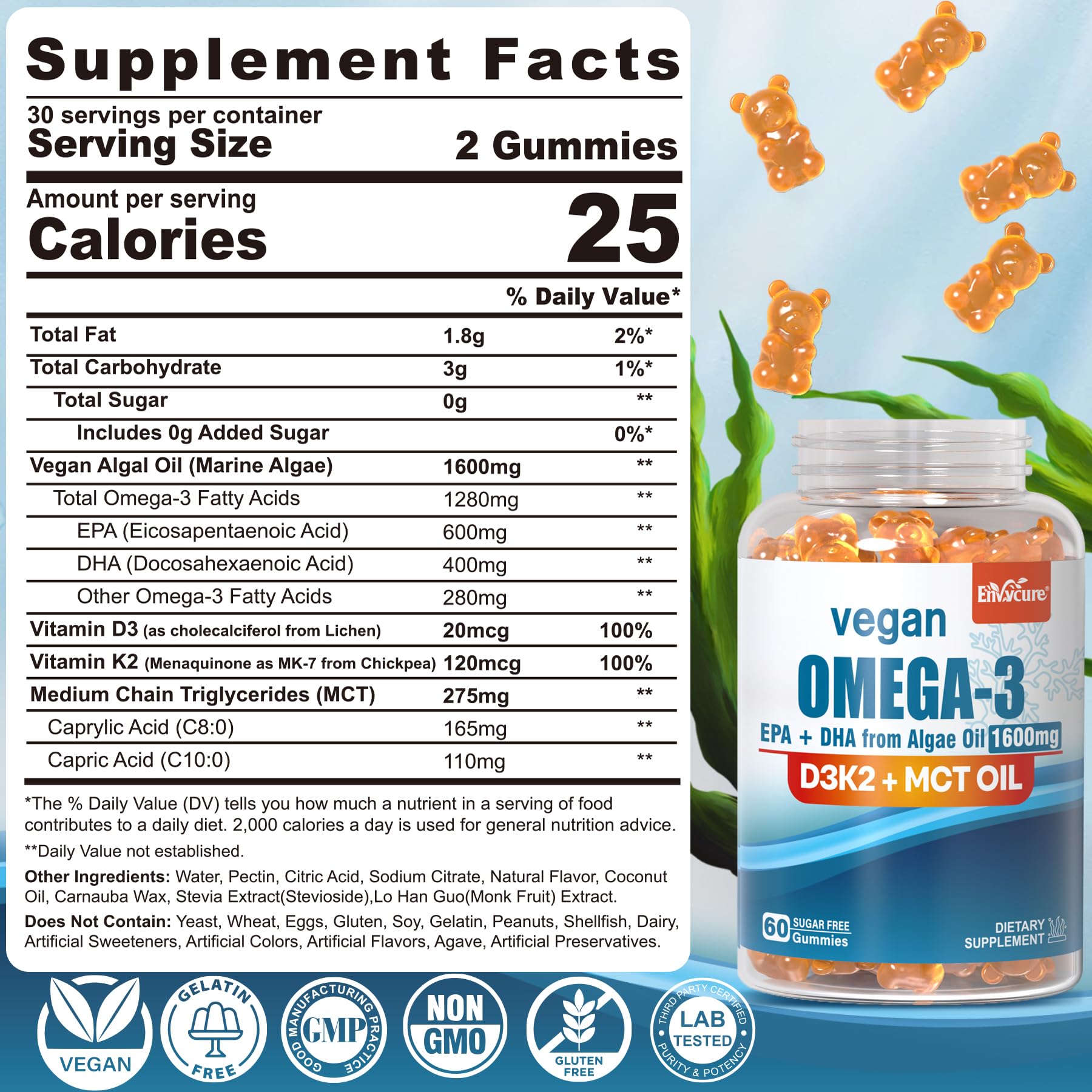EnvyCure vegan omega-3 gummies close-up shows vibrant orange flavor and sugar-free formula