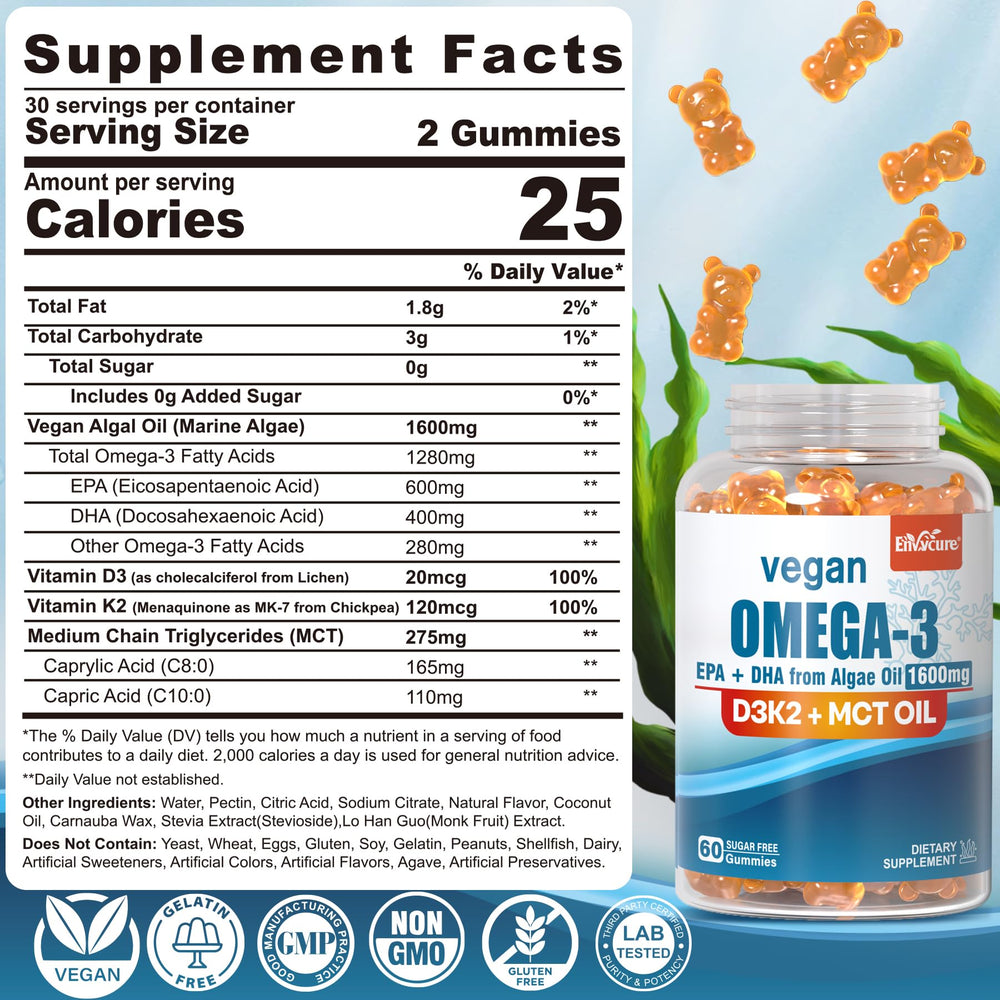 EnvyCure vegan omega-3 gummies close-up shows vibrant orange flavor and sugar-free formula