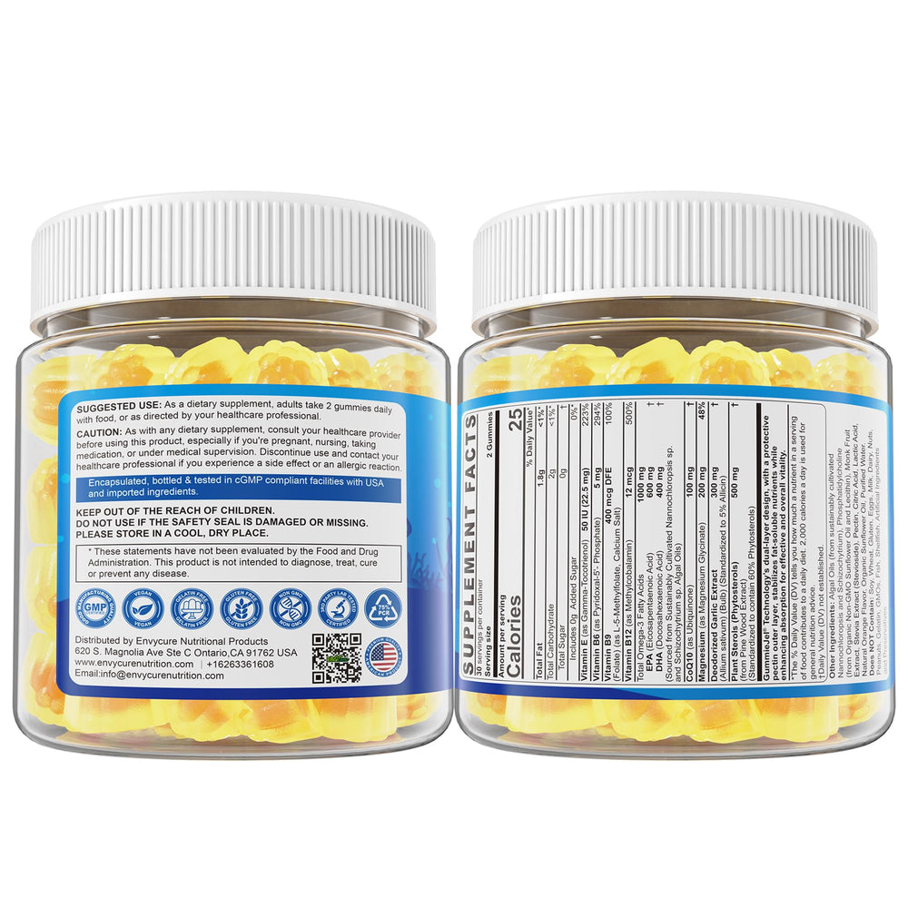 EnvyCure vegan omega-3 gummies on a kitchen shelf setup