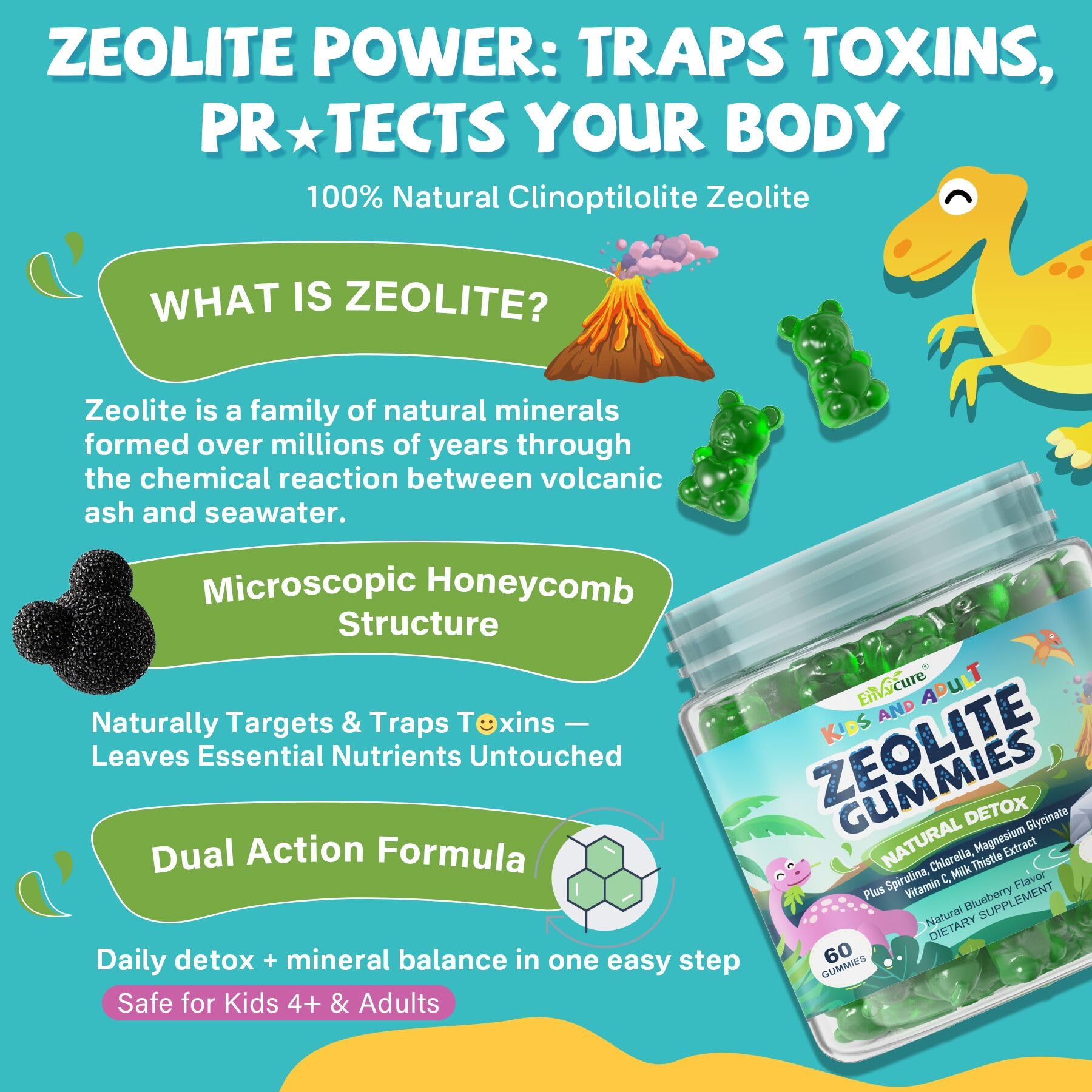 EnvyCure Zeolite Detox Gummies closeup of spirulina and chlorella ingredients for immune support