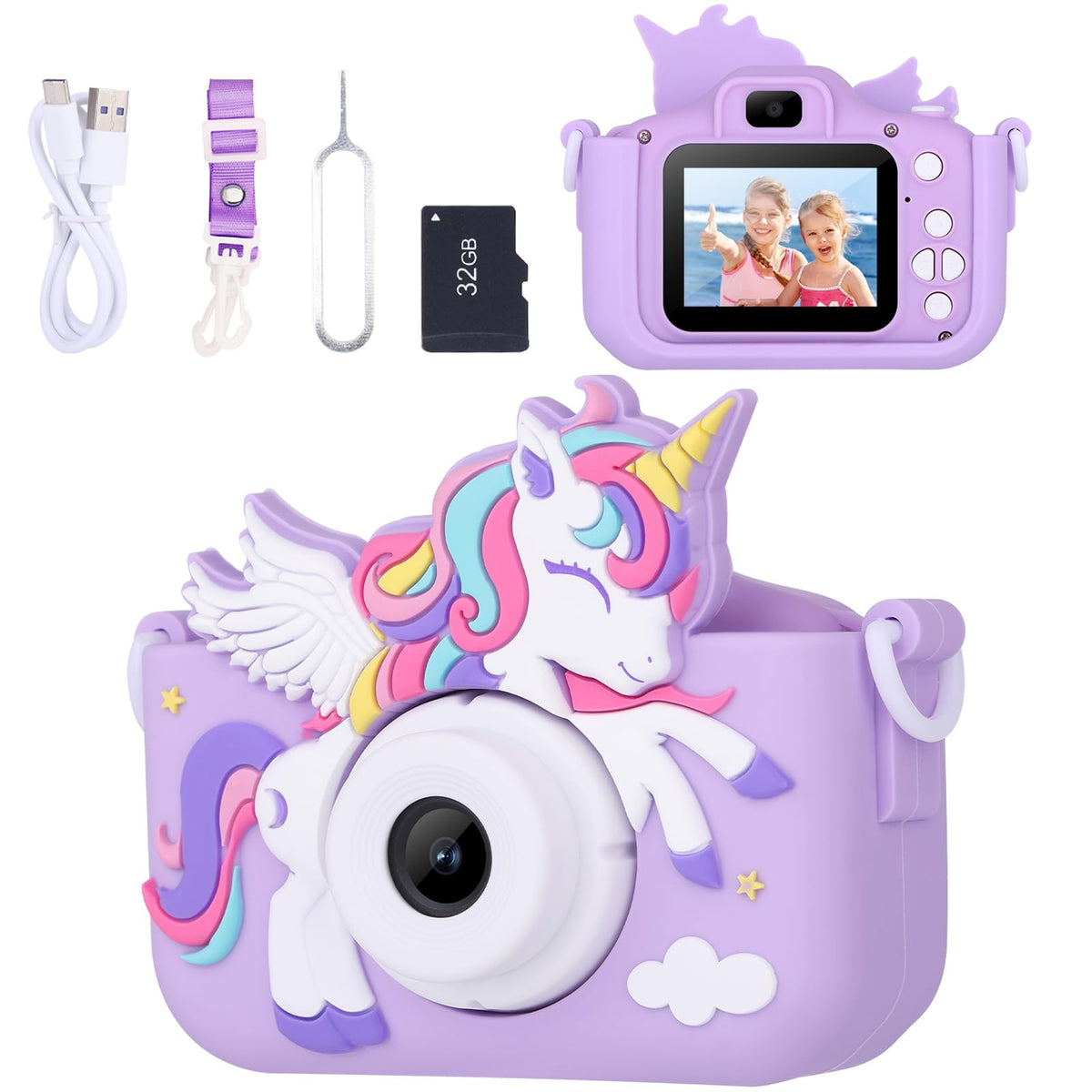 Envyvip unicorn kids camera front view with colorful design and easy-grip for small hands