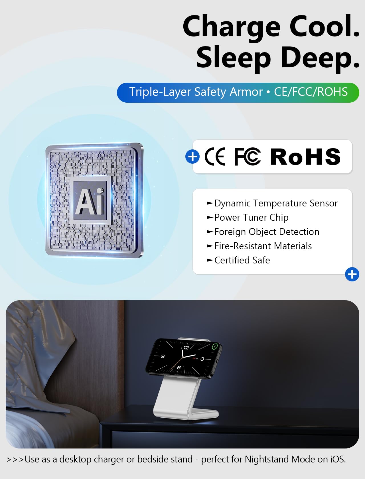 Enyneo MagSafe Charger Stand fits bedside and desk setups for convenient charging.