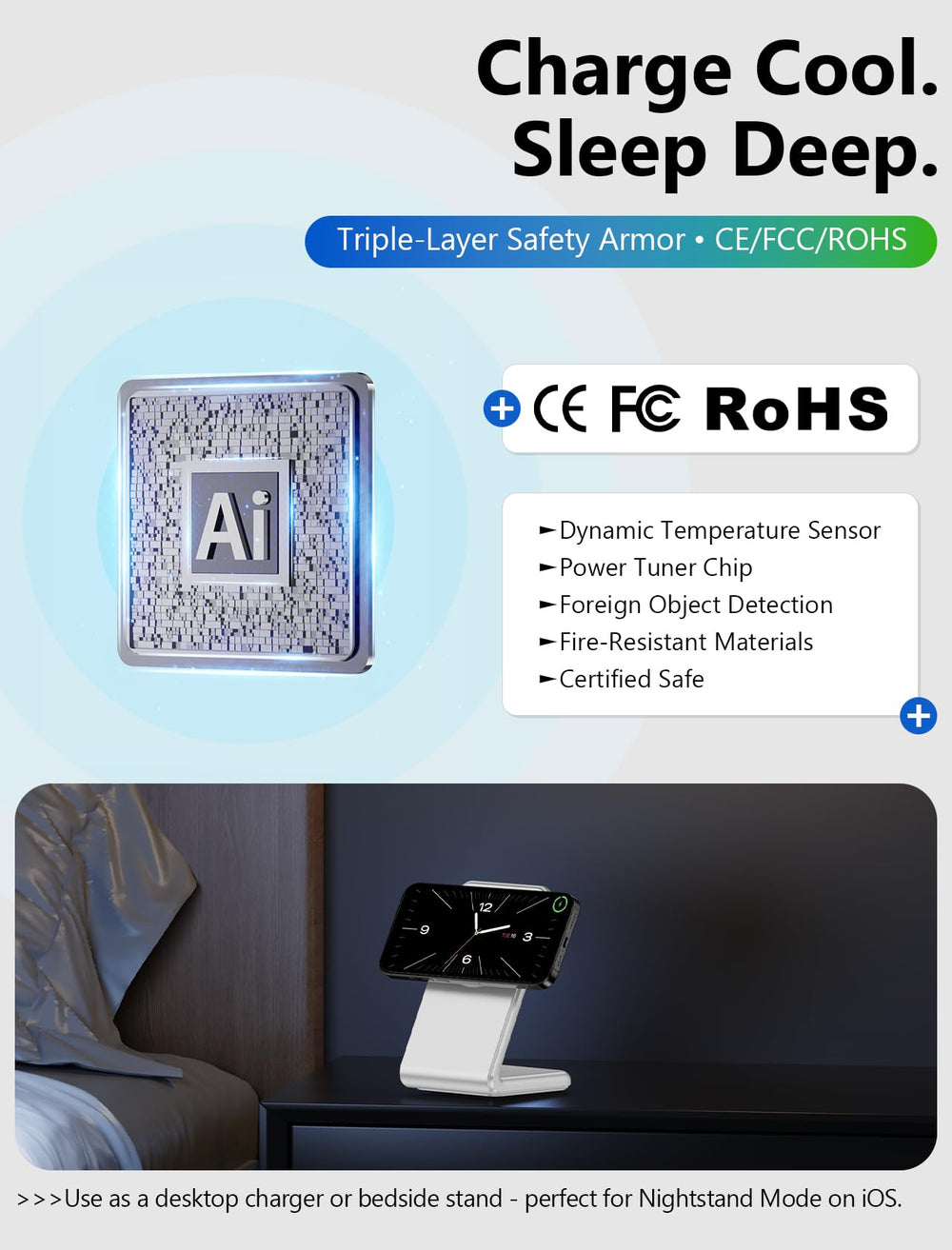 Enyneo MagSafe Charger Stand fits bedside and desk setups for convenient charging.