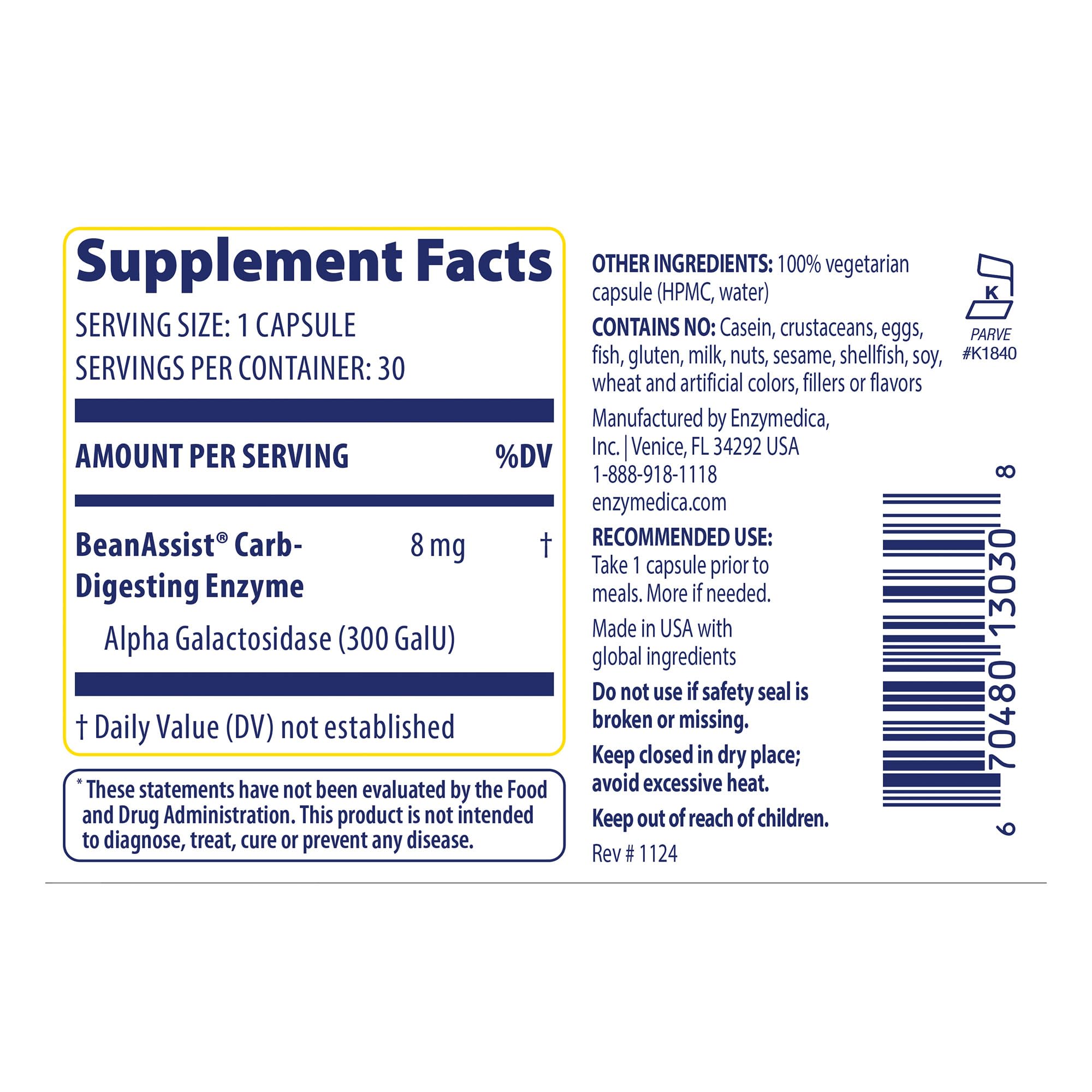 Enzymedica BeanAssist caplets ready to aid digestion after meals.