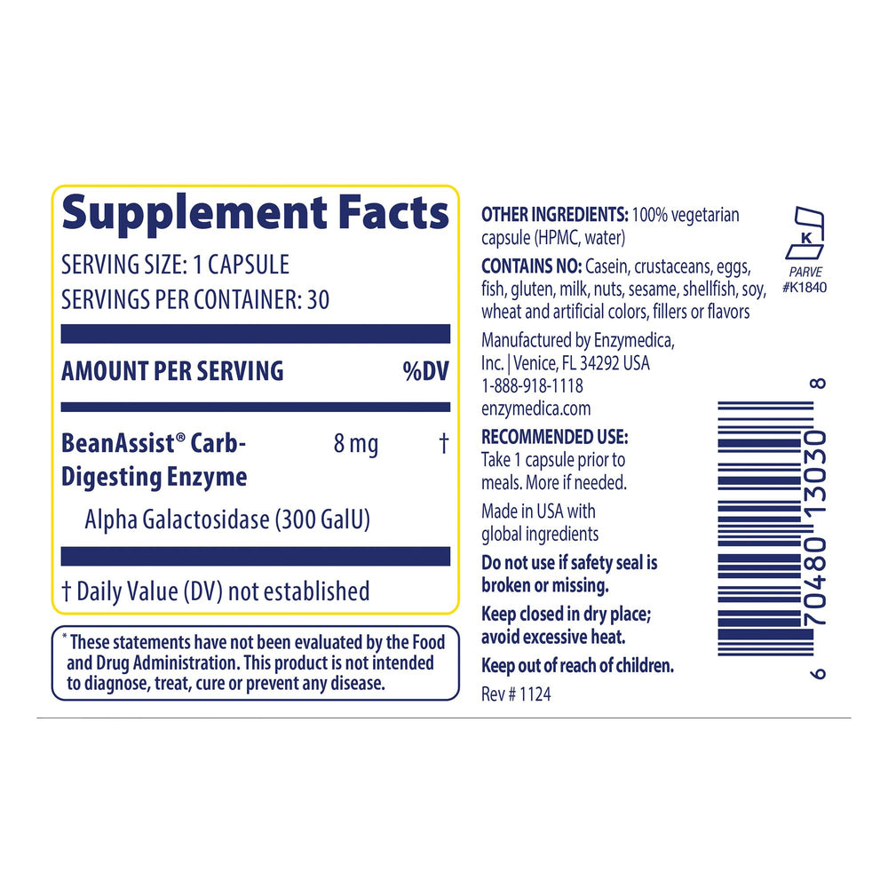 Enzymedica BeanAssist caplets ready to aid digestion after meals.