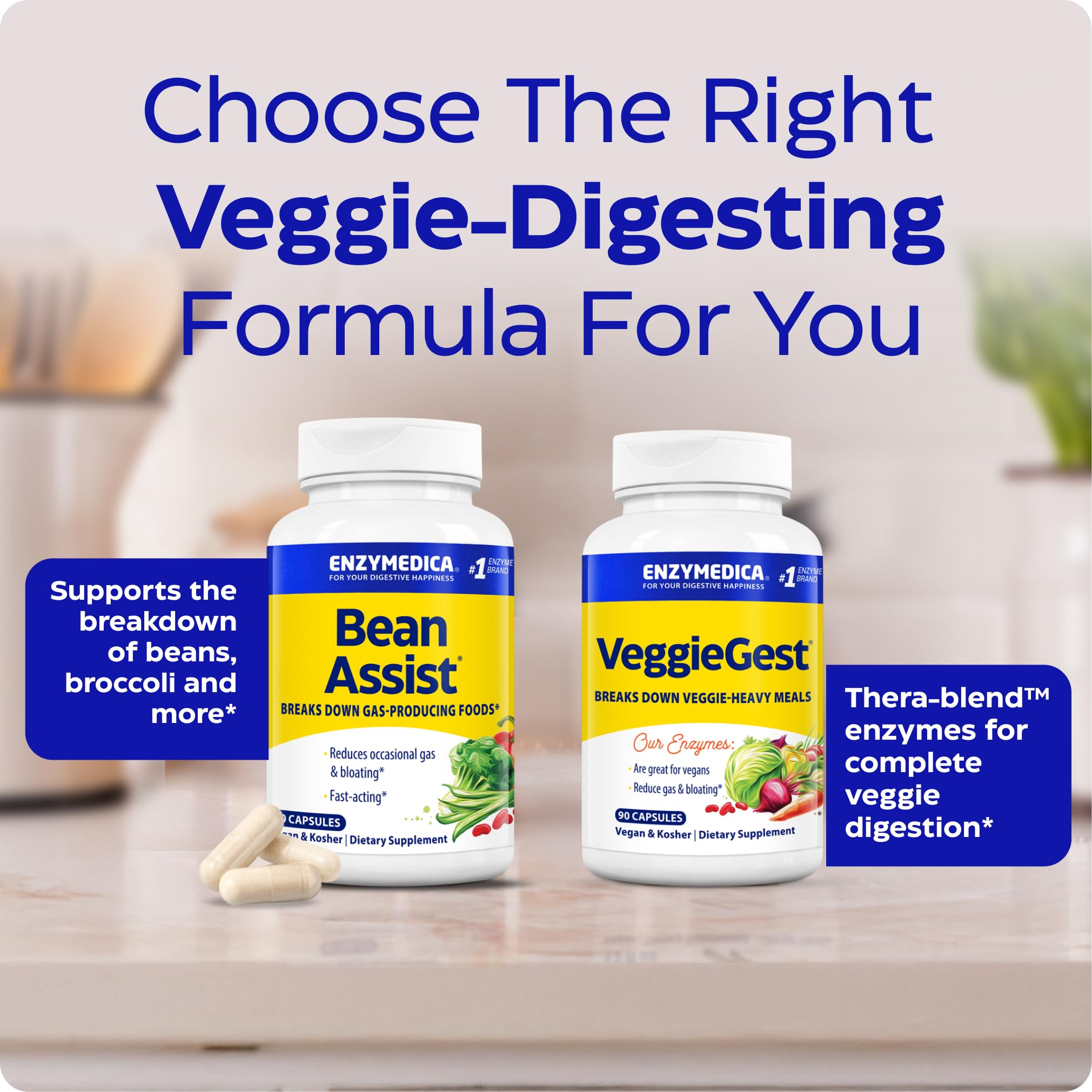 Enzymedica BeanAssist bottle on kitchen counter supports digestion of fiber-rich foods.