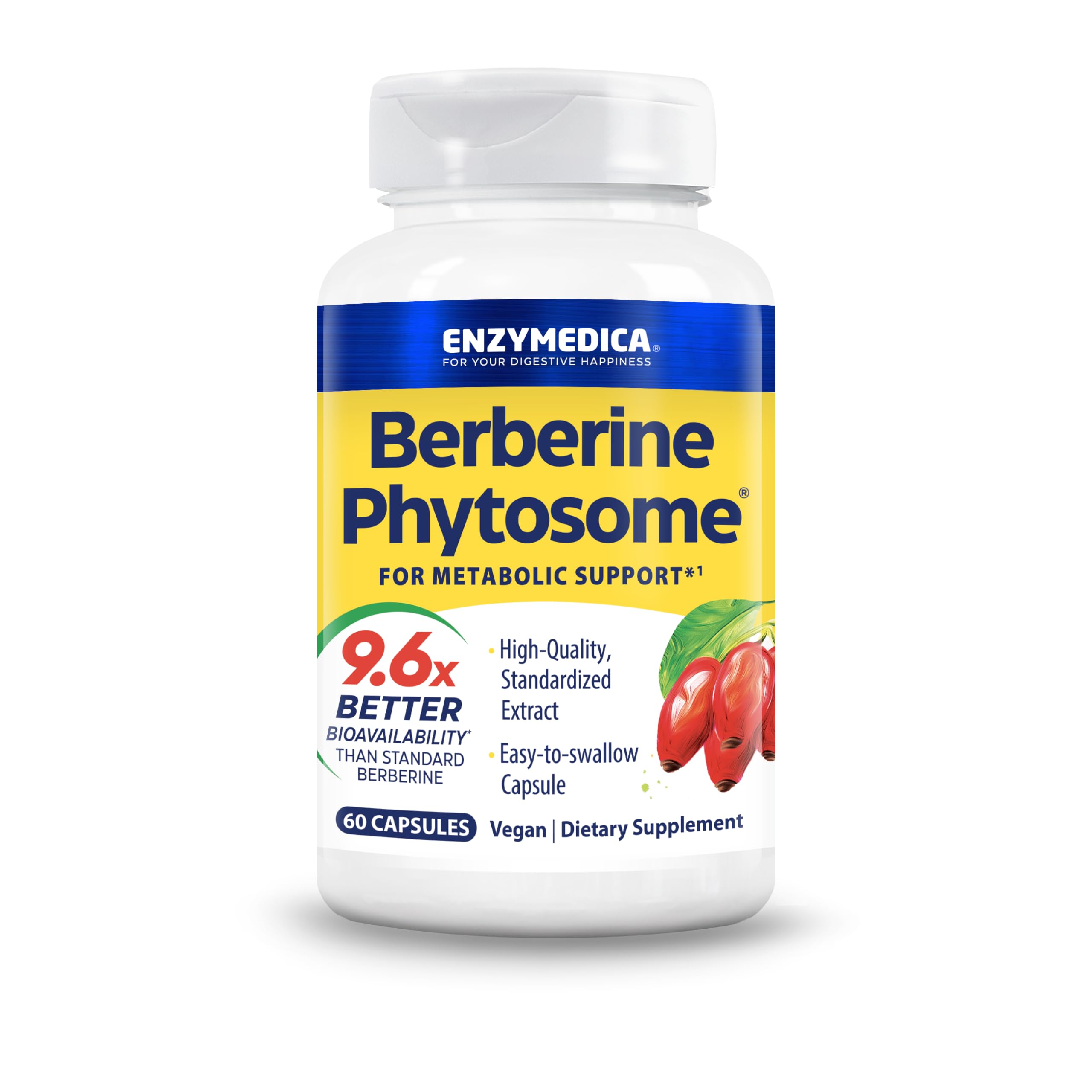 Enzymedica Berberine Phytosome bottle-front highlights accessible, easy-to-swallow capsules for daily metabolic support.