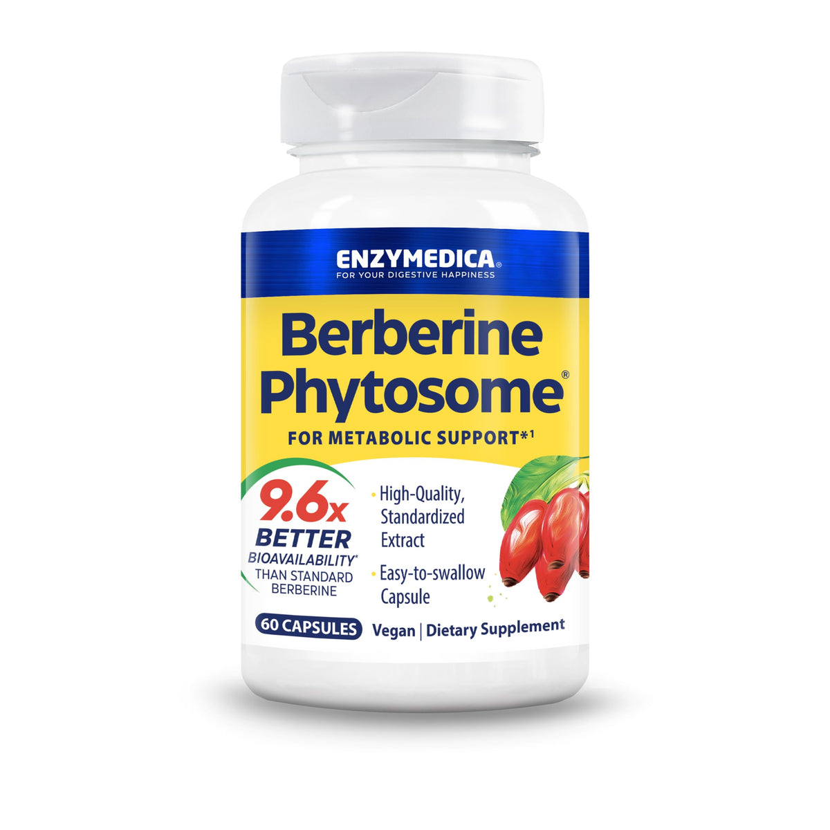 Enzymedica Berberine Phytosome bottle-front highlights accessible, easy-to-swallow capsules for daily metabolic support.