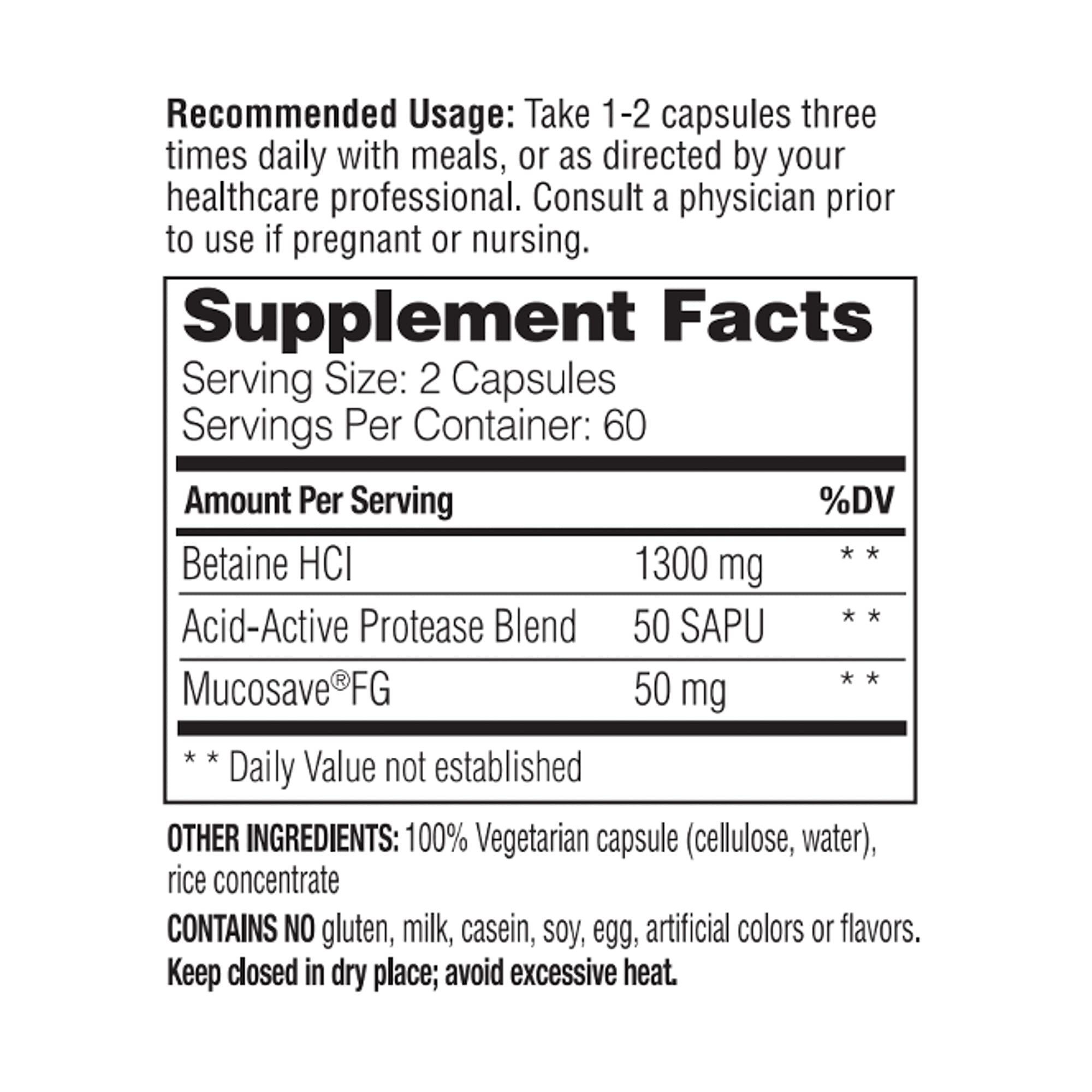 Close-up of Enzymedica Betaine HCl capsules highlighting vegetarian enzymes for protein digestion.