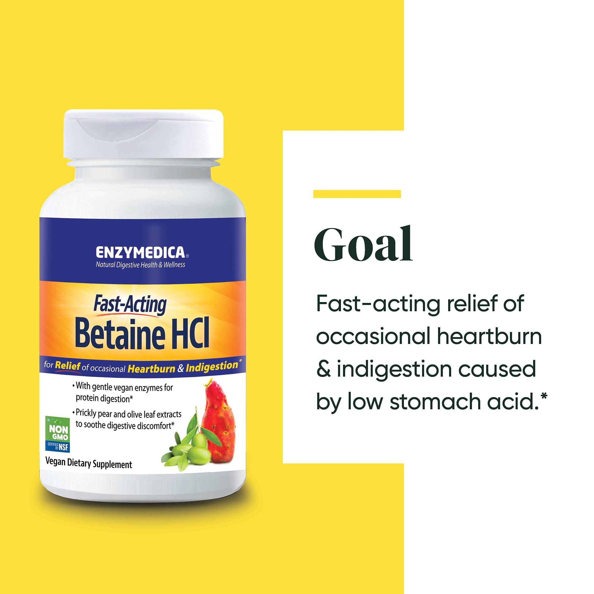 Enzymedica Betaine HCl with prickly pear cactus emphasizes stomach lining support.