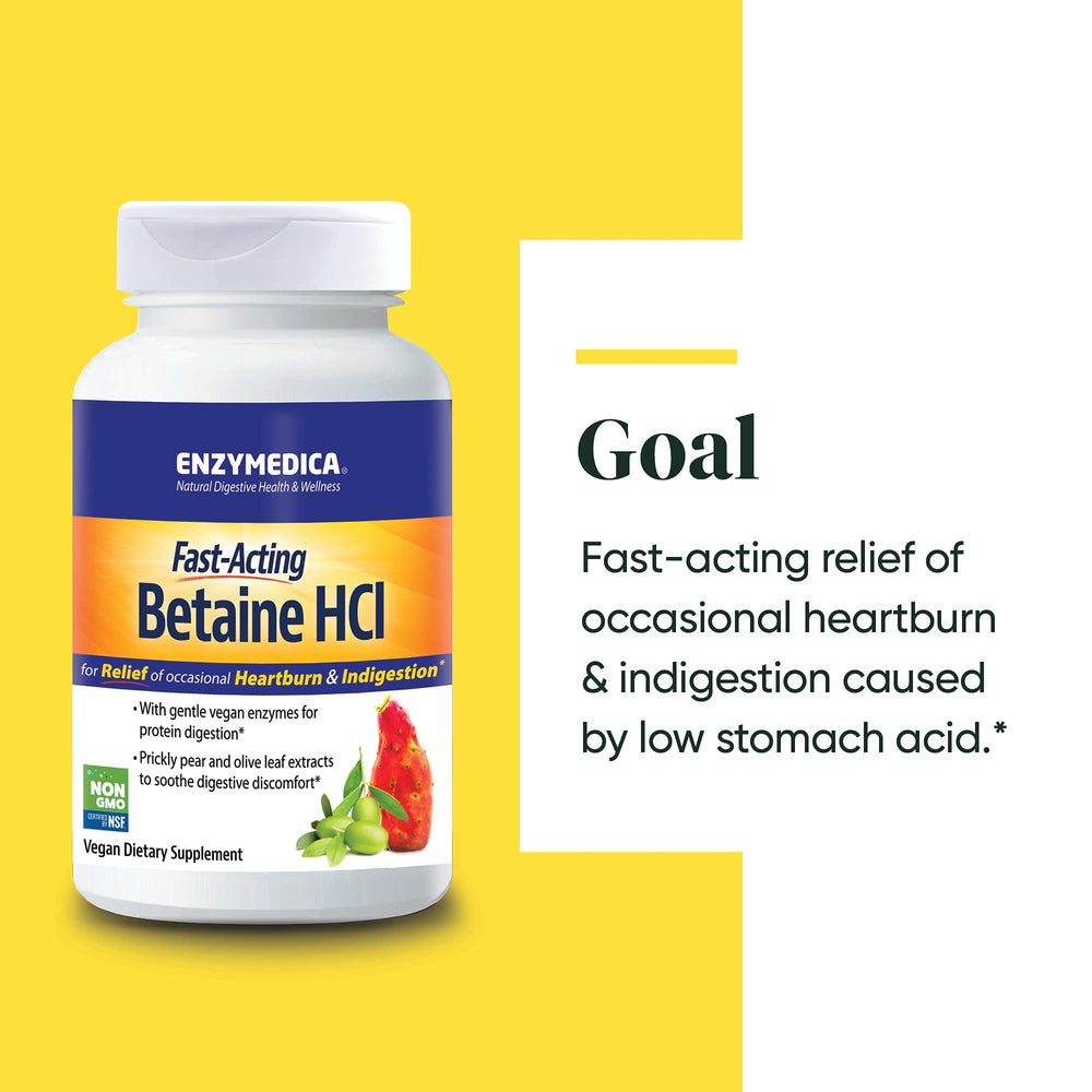 Enzymedica Betaine HCl with prickly pear cactus emphasizes stomach lining support.