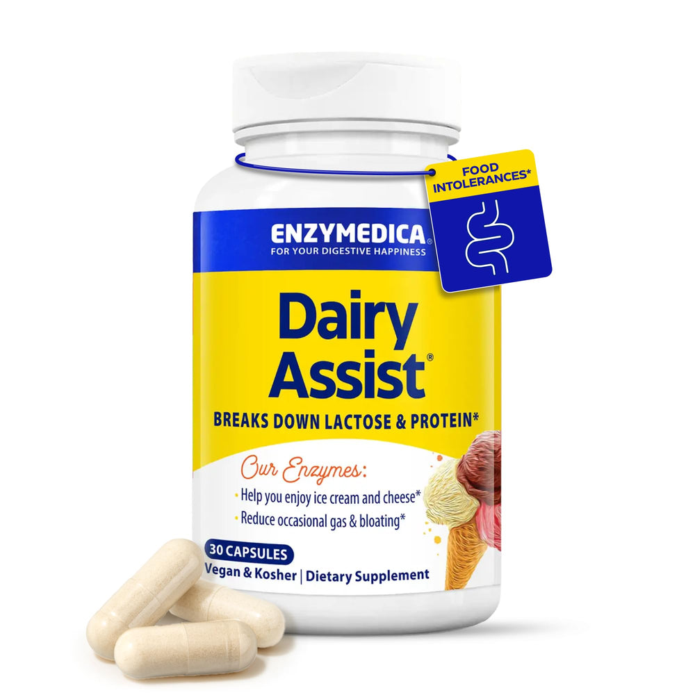 Enzymedica DairyAssist bottle front showing 30 capsules for dairy digestion support.