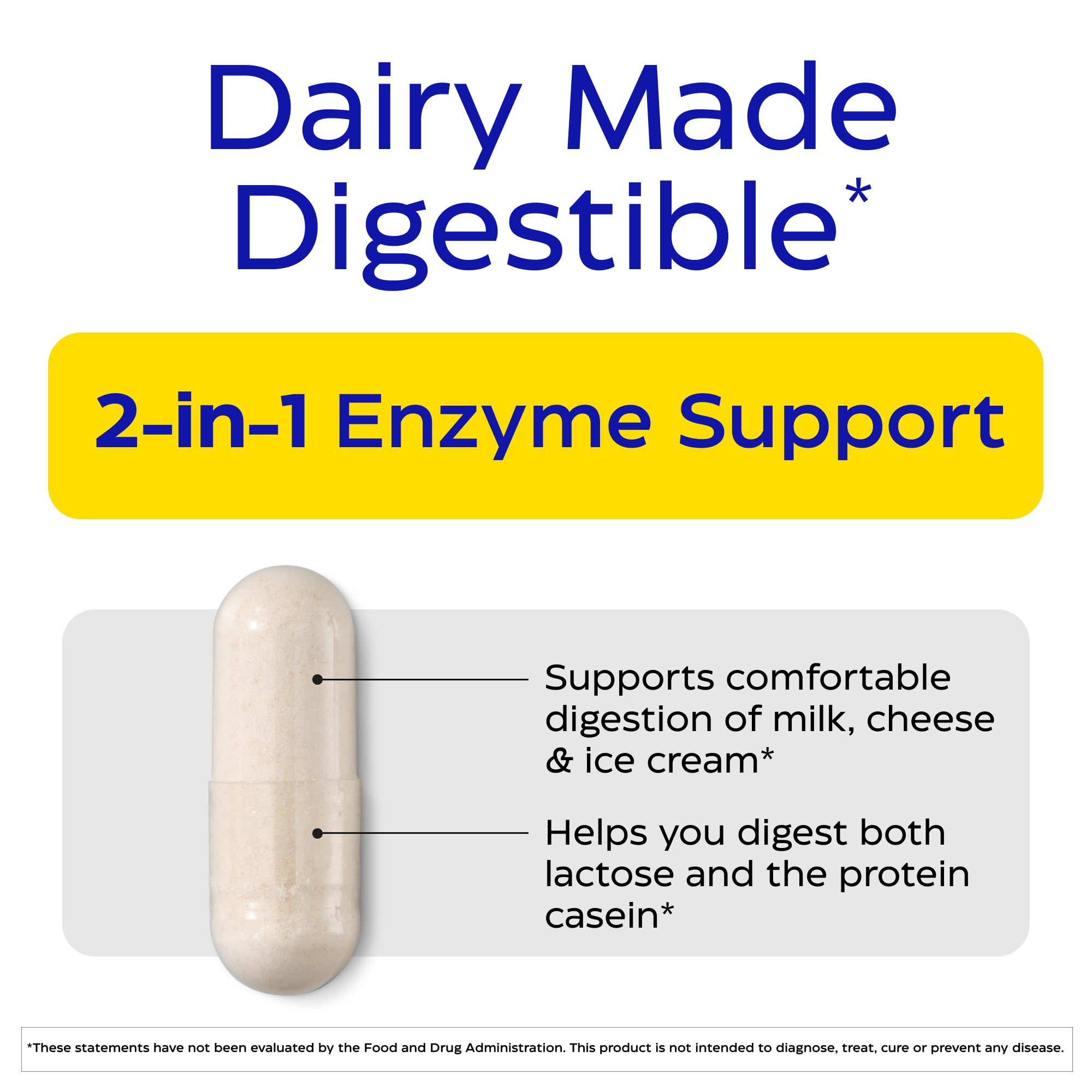 Enzymedica DairyAssist capsules close-up illustrating fast-acting enzyme aid for lactose and casein.