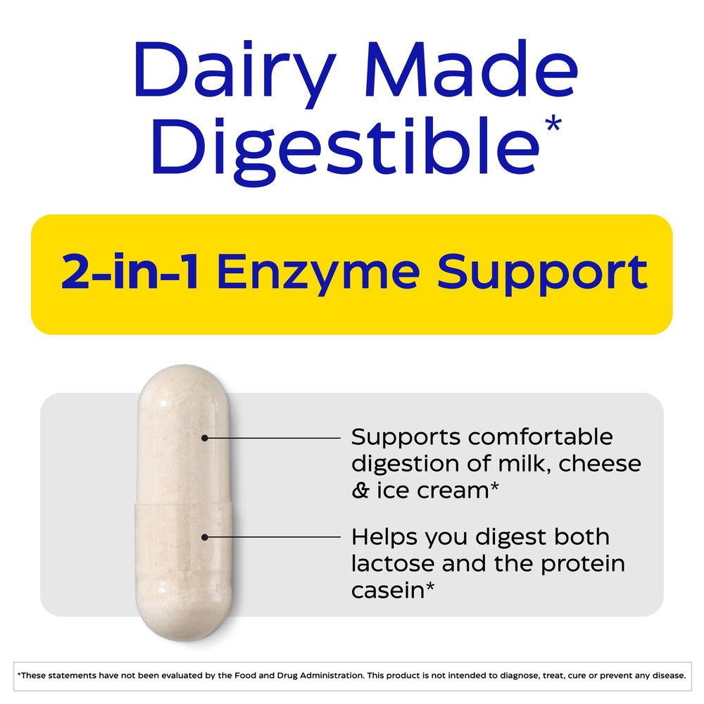 Enzymedica DairyAssist capsules close-up illustrating fast-acting enzyme aid for lactose and casein.