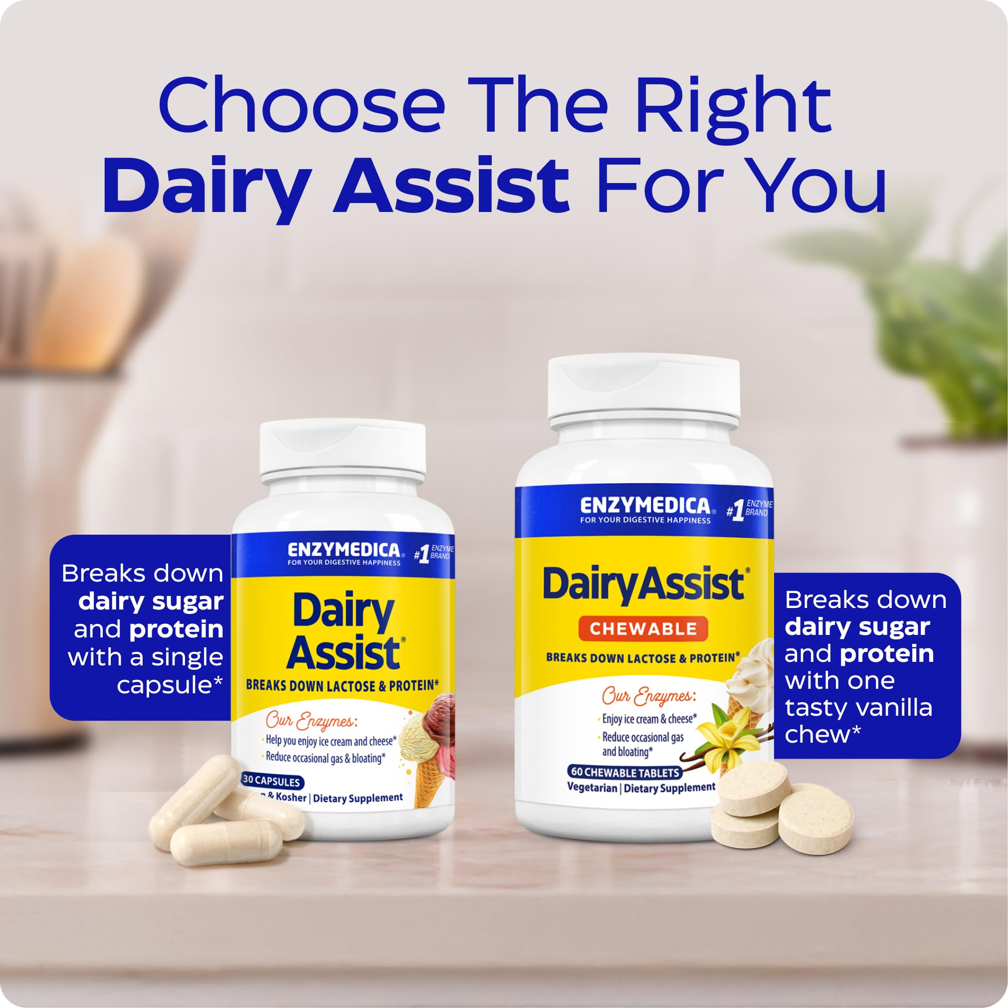 Enzymedica DairyAssist TherA-Blend graphic showing enzyme coverage across pH range.