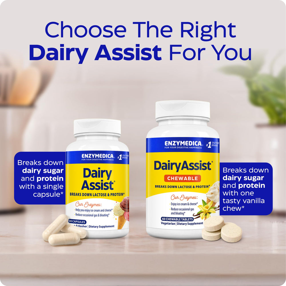 Enzymedica DairyAssist TherA-Blend graphic showing enzyme coverage across pH range.