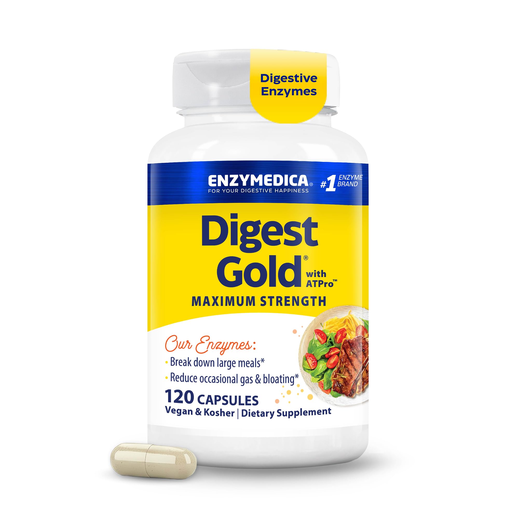 Enzymedica Digest Gold + ATPro bottle ready for fast meal digestion.