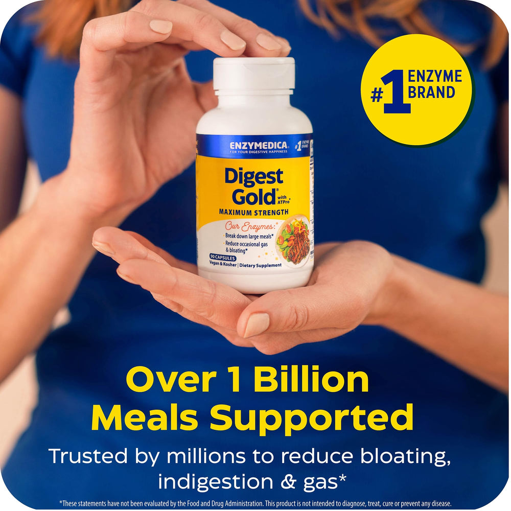 Open bottle of Enzymedica Digest Gold + ATPro with capsules visible.
