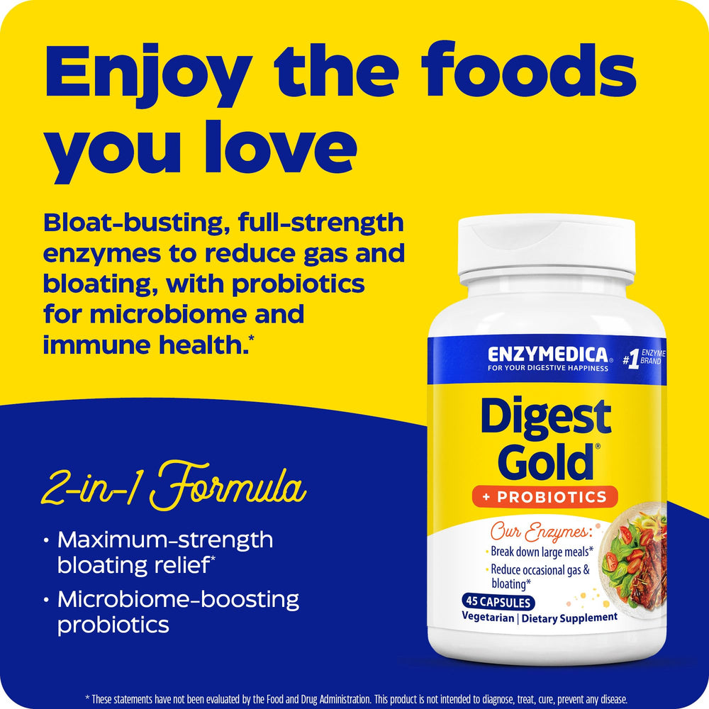 Digest Gold + Probiotics label showing key ingredients and certifications.