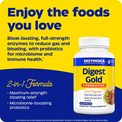 Digest Gold + Probiotics label showing key ingredients and certifications.
