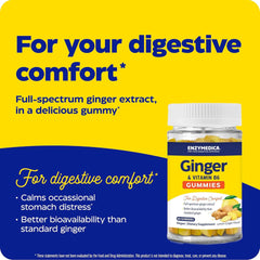 Enzymedica Ginger Gummies label focuses on lemon-ginger flavor and 10 mg ginger per serving.