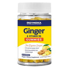 Enzymedica Ginger Root & Vitamin B6 Gummies bottle showing vegan, gluten-free digestive support.