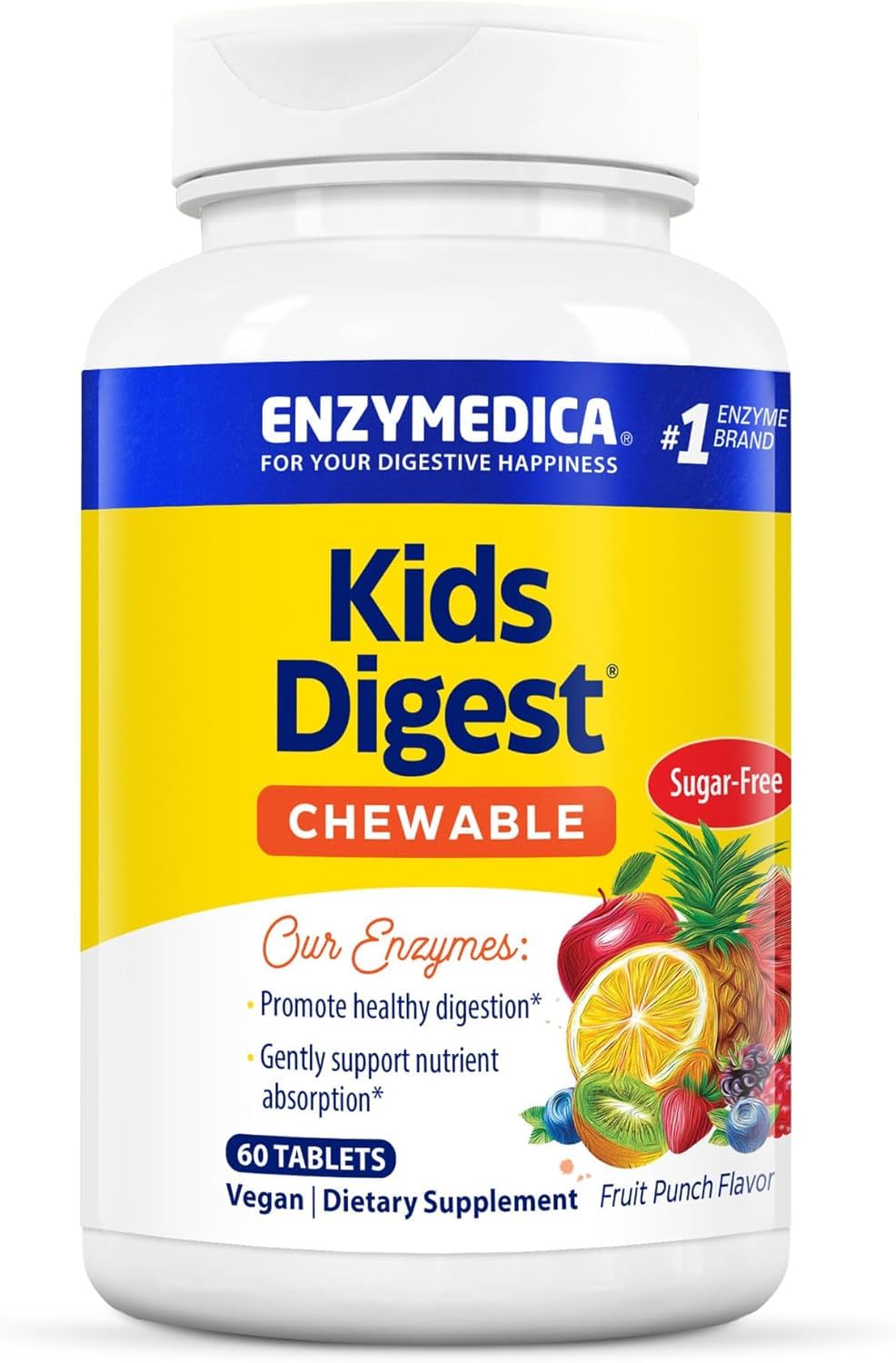 Enzymedica Kids Digest chewables bottle in fruit punch flavor for daily digestion support.