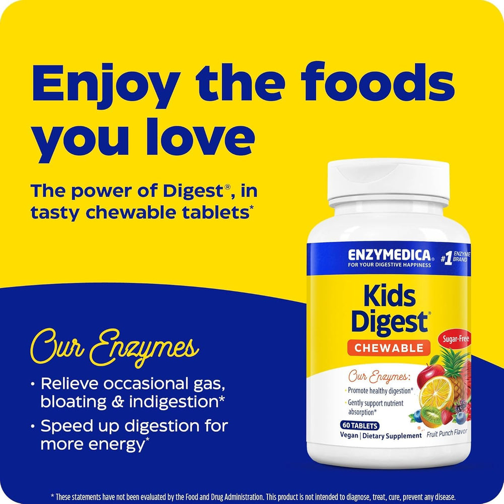Enzymedica Kids Digest chewables serving stack showing 60 servings per bottle.