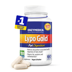 Enzymedica Lypo Gold bottle front highlighting high-potency lipase for fat digestion.