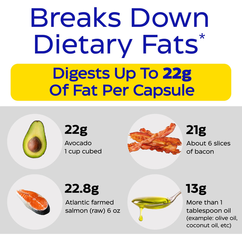 Enzymedica Lypo Gold enzymes matrix illustrating fats, carbs and protein support.