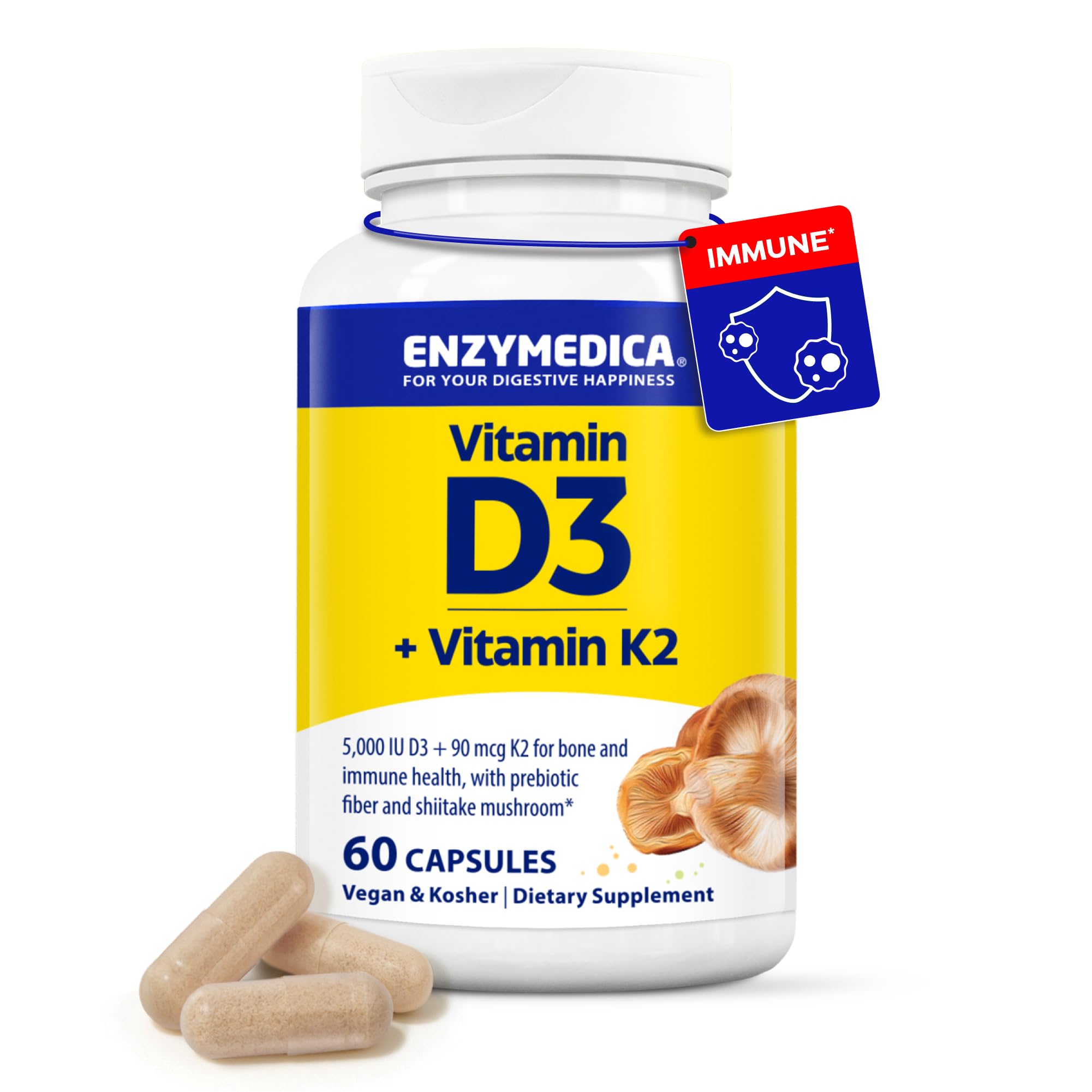 Enzymedica D3 K2 bottle with plant-based formula for bone support