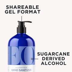 EO hand sanitizer gel label highlighting organic alcohol and plant extracts.