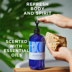 EO Lavender Shower Gel packaging highlights pure essential oils for calming self-care