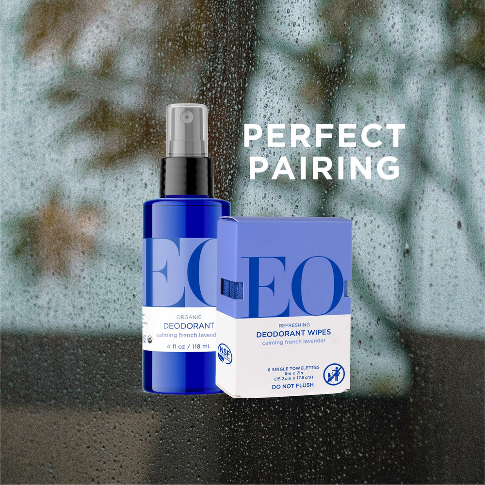 Recycled plastic bottle emphasizes sustainable packaging for EO lavender deodorant.