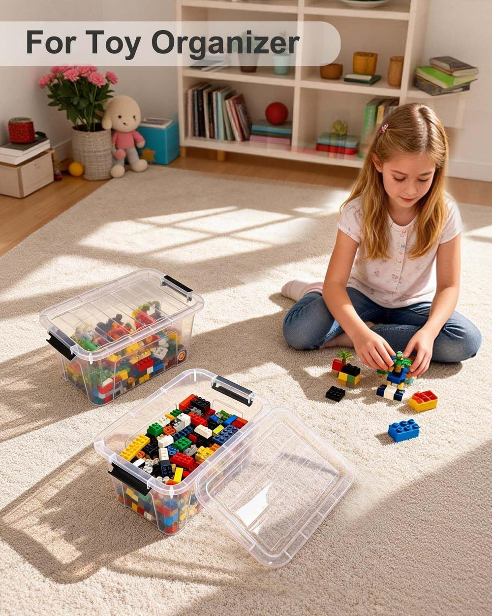 EOENVIVS stackable storage bin with groove lid for stable shelving.