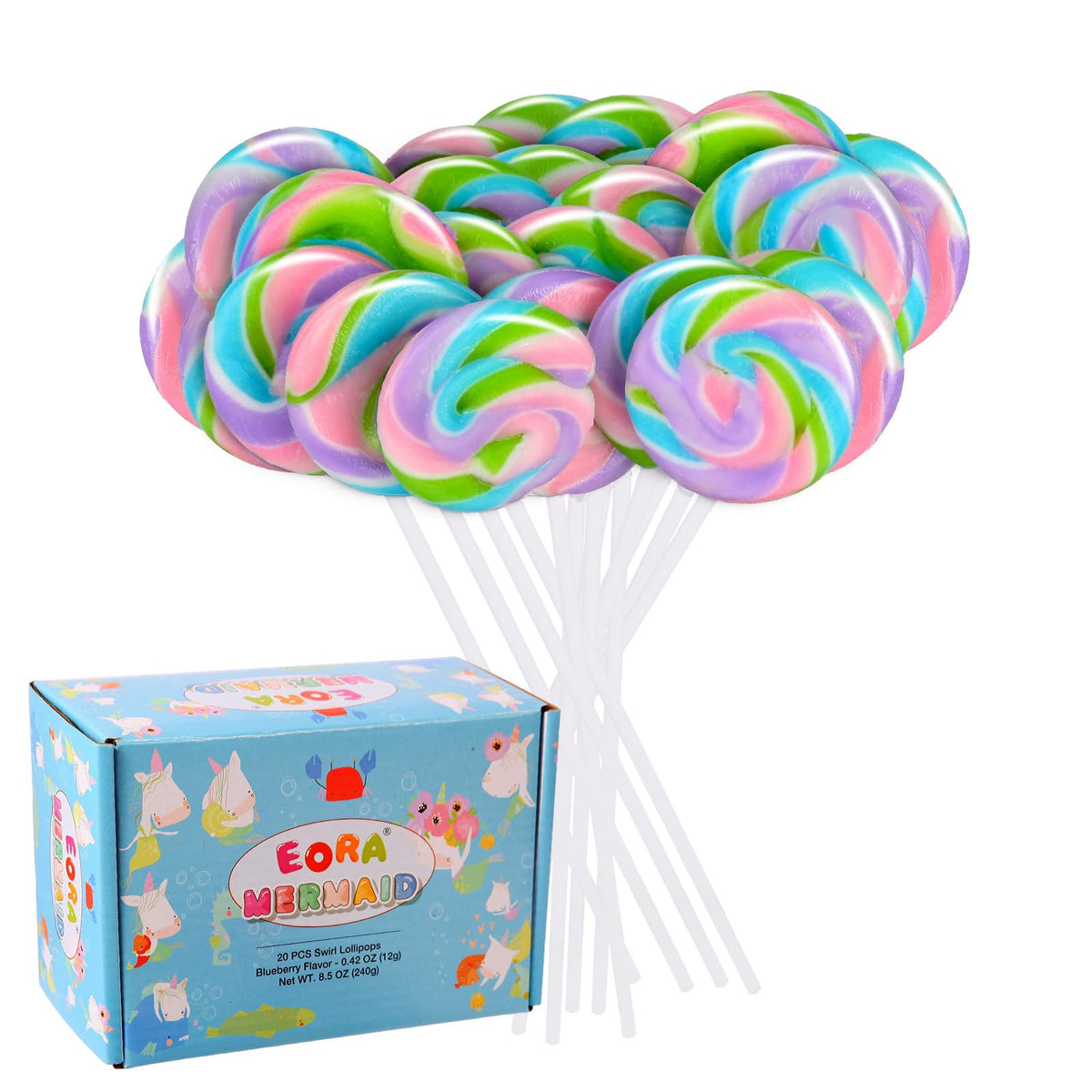 EORA Rainbow Twisty Swirl Lollipops 20-pack packaging highlights sealed freshness.