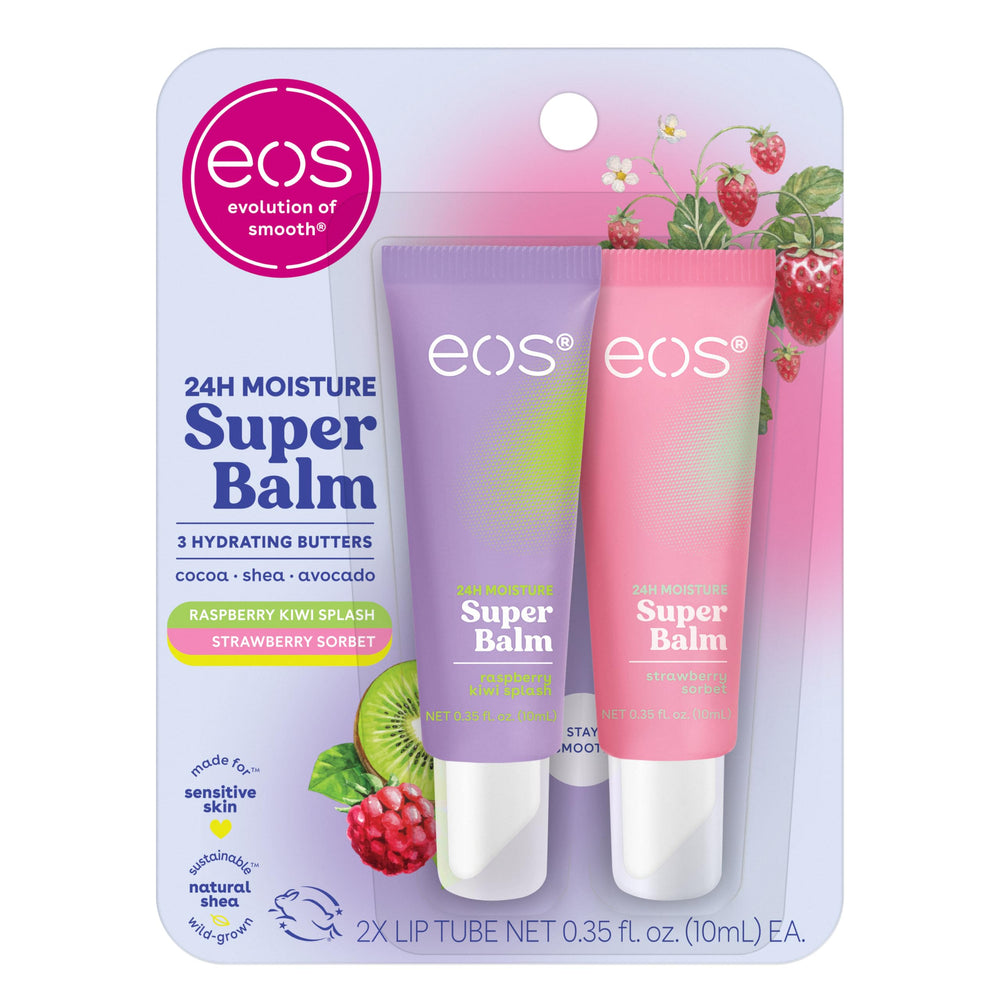 EOS 24H Moisture Super Balm Raspberry Kiwi Splash tube provides long-lasting hydration for dry lips.