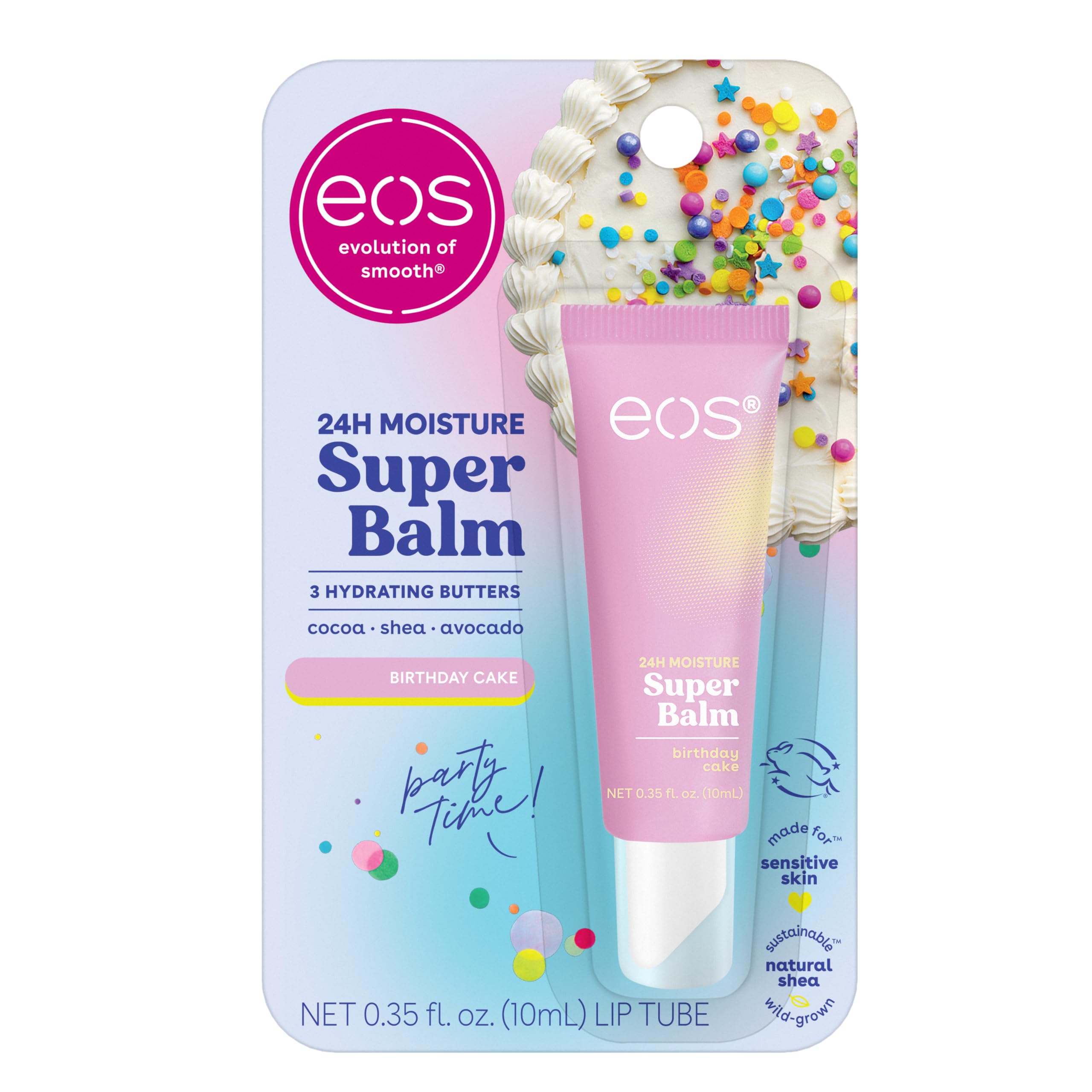 eos Birthday Cake lip balm packaging showing 24-hour hydration.