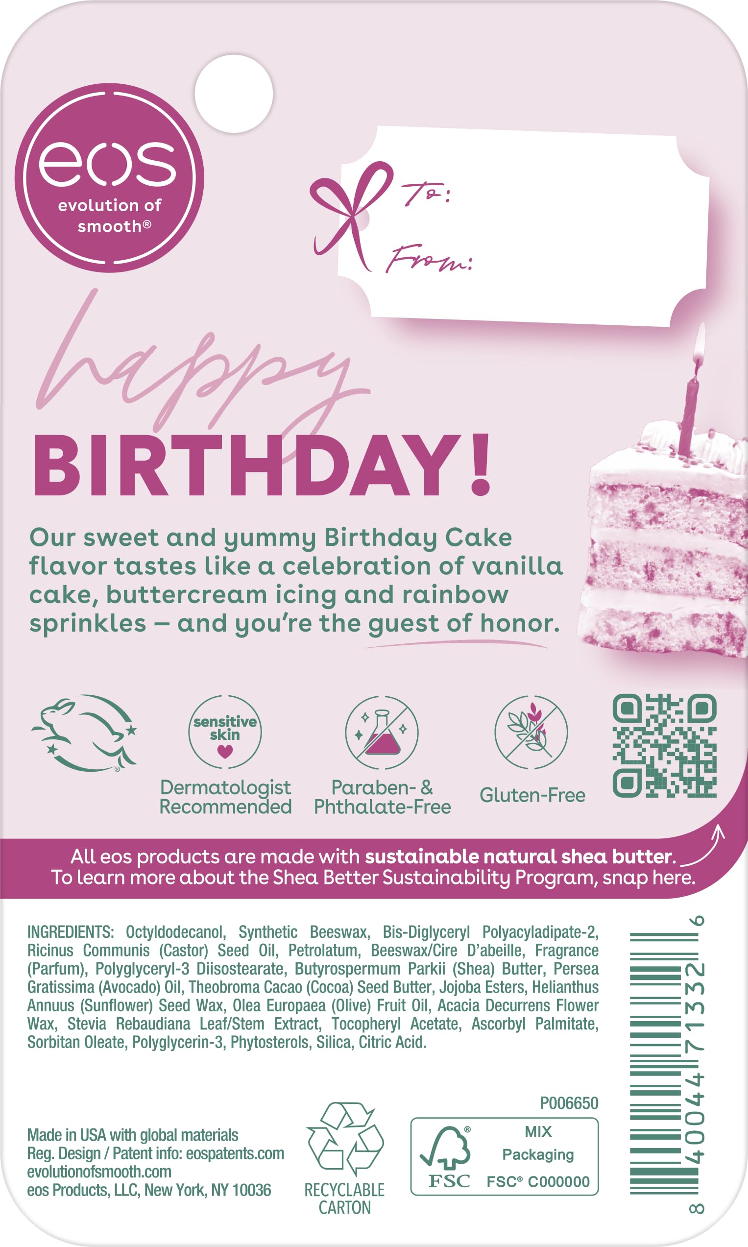 eos Birthday Cake ingredients sheet highlights shea, cocoa, avocado benefits.
