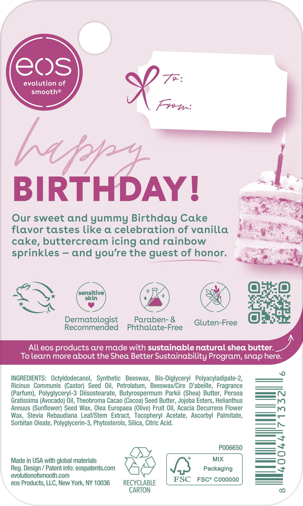 eos Birthday Cake ingredients sheet highlights shea, cocoa, avocado benefits.