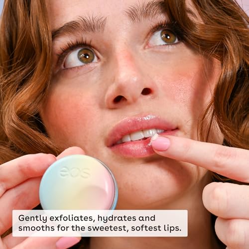 eos Brown Sugar Bubble Lip Scrub texture on lips showing gentle exfoliation