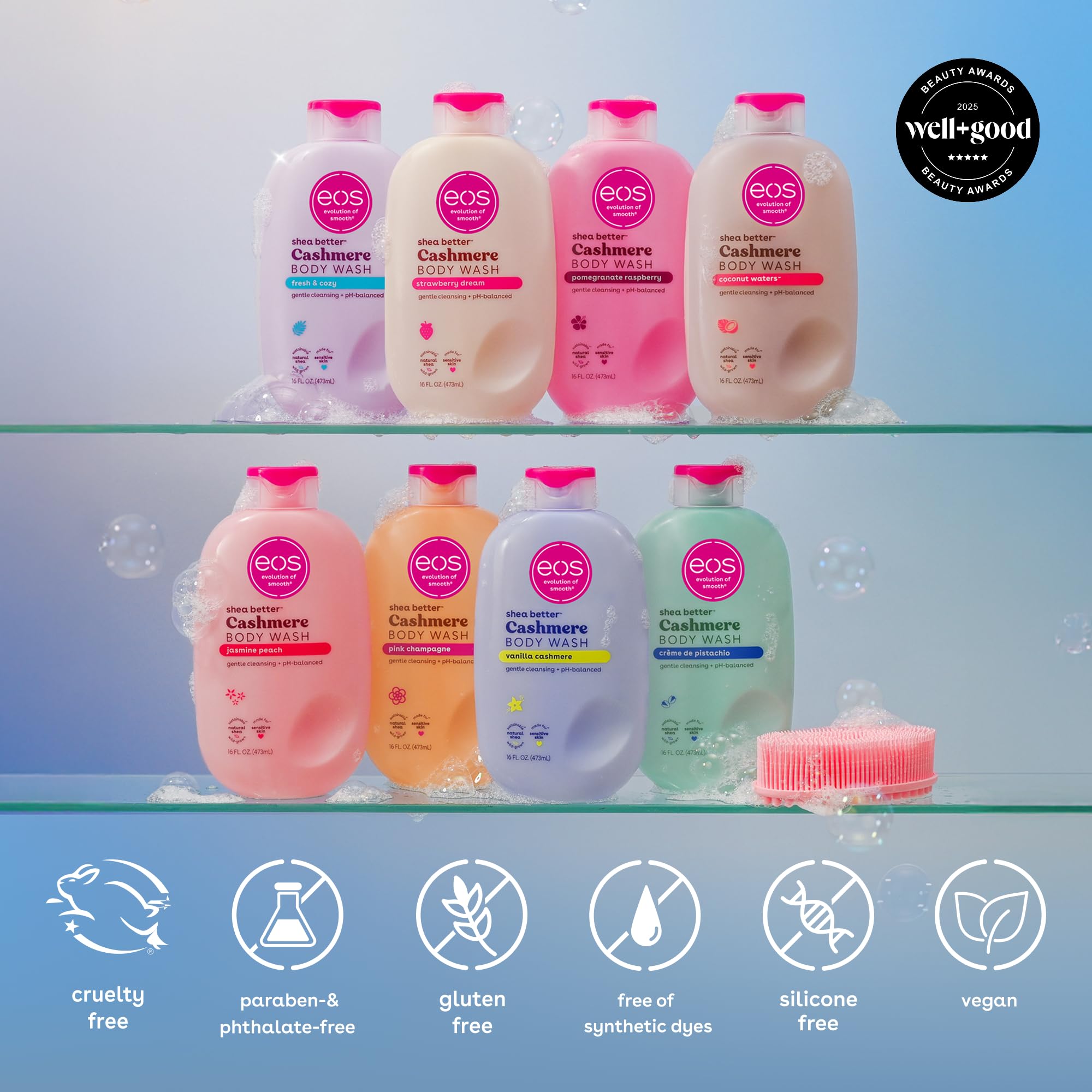 EOS Cashmere Body Wash vegan label emphasizes clean, plant-based care
