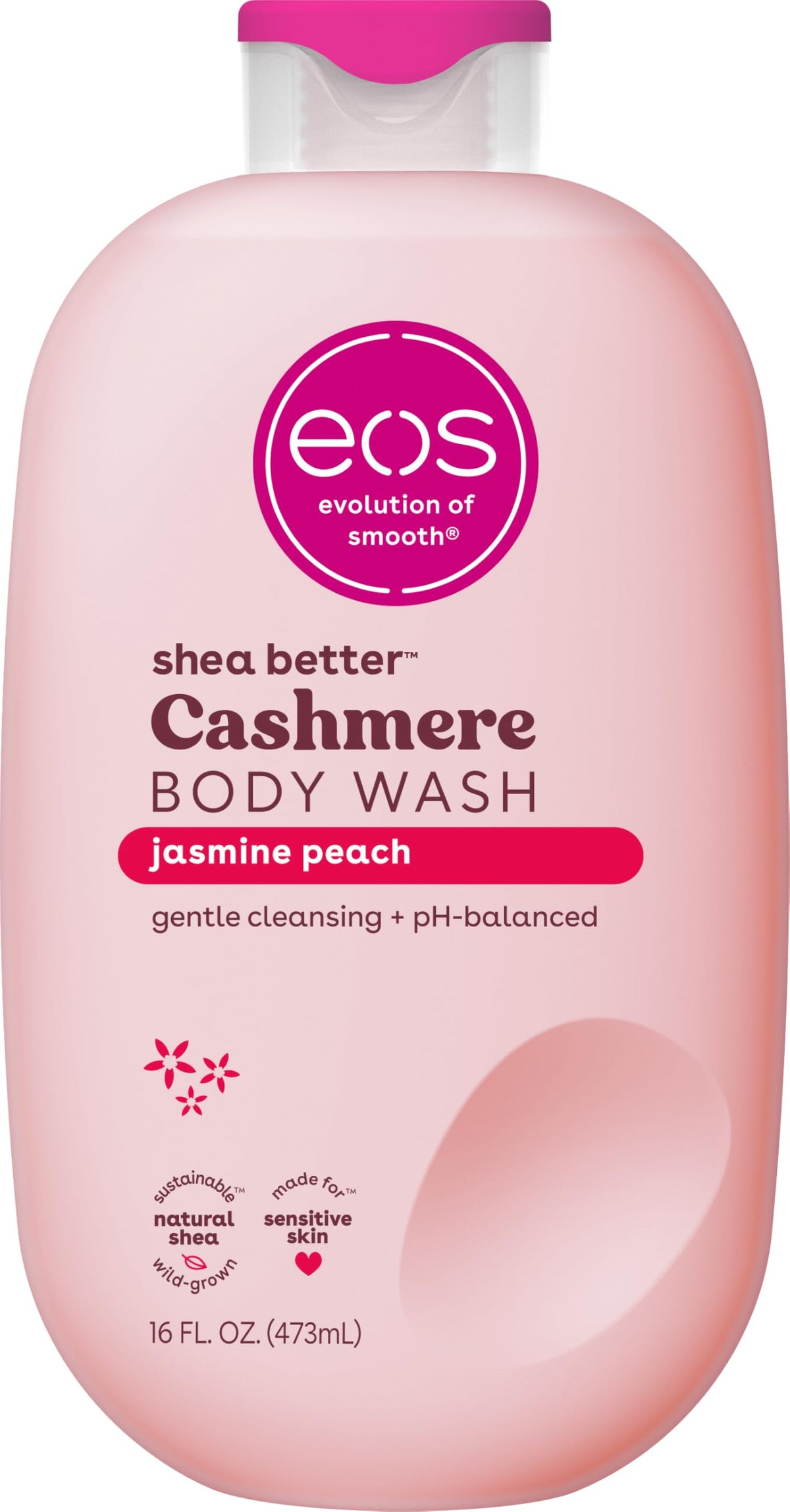 eos Cashmere Body Wash Jasmine Peach bottle with rich moisturizing lather for daily cleansing