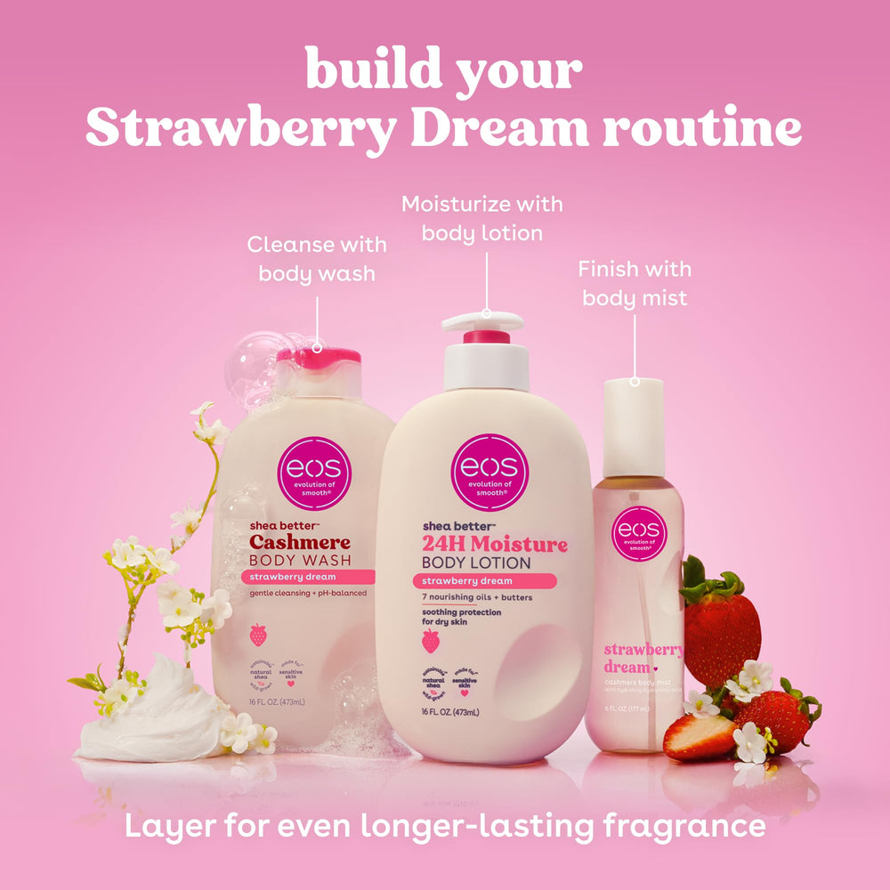 eos Cashmere Strawberry Dreams pH-balanced formula supports sensitive skin